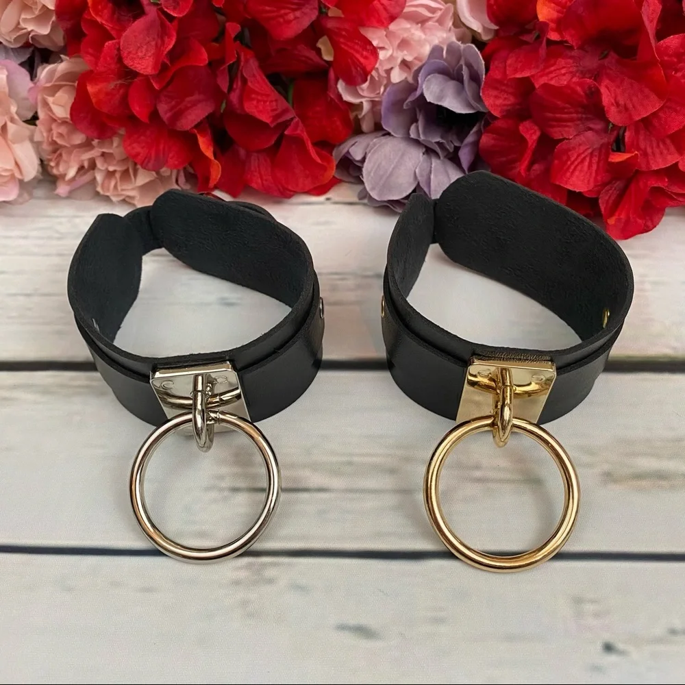 Punk Gothic Black Vegan Leather Metal Ring Bracelet - Picture 5 of 16